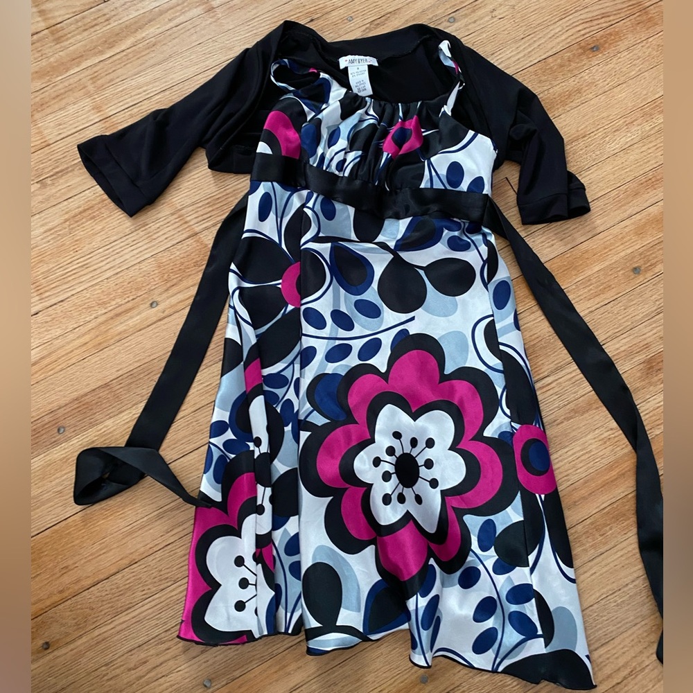 Amy Byer girl 8 dress with built in cover cardigan short sleeve flower pattern